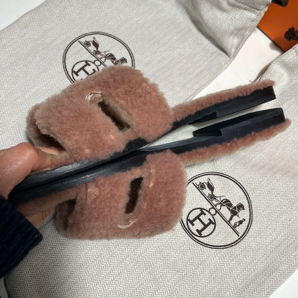 Hermès Shearling Slippers in Pink and Tan - Picture 6 of 9